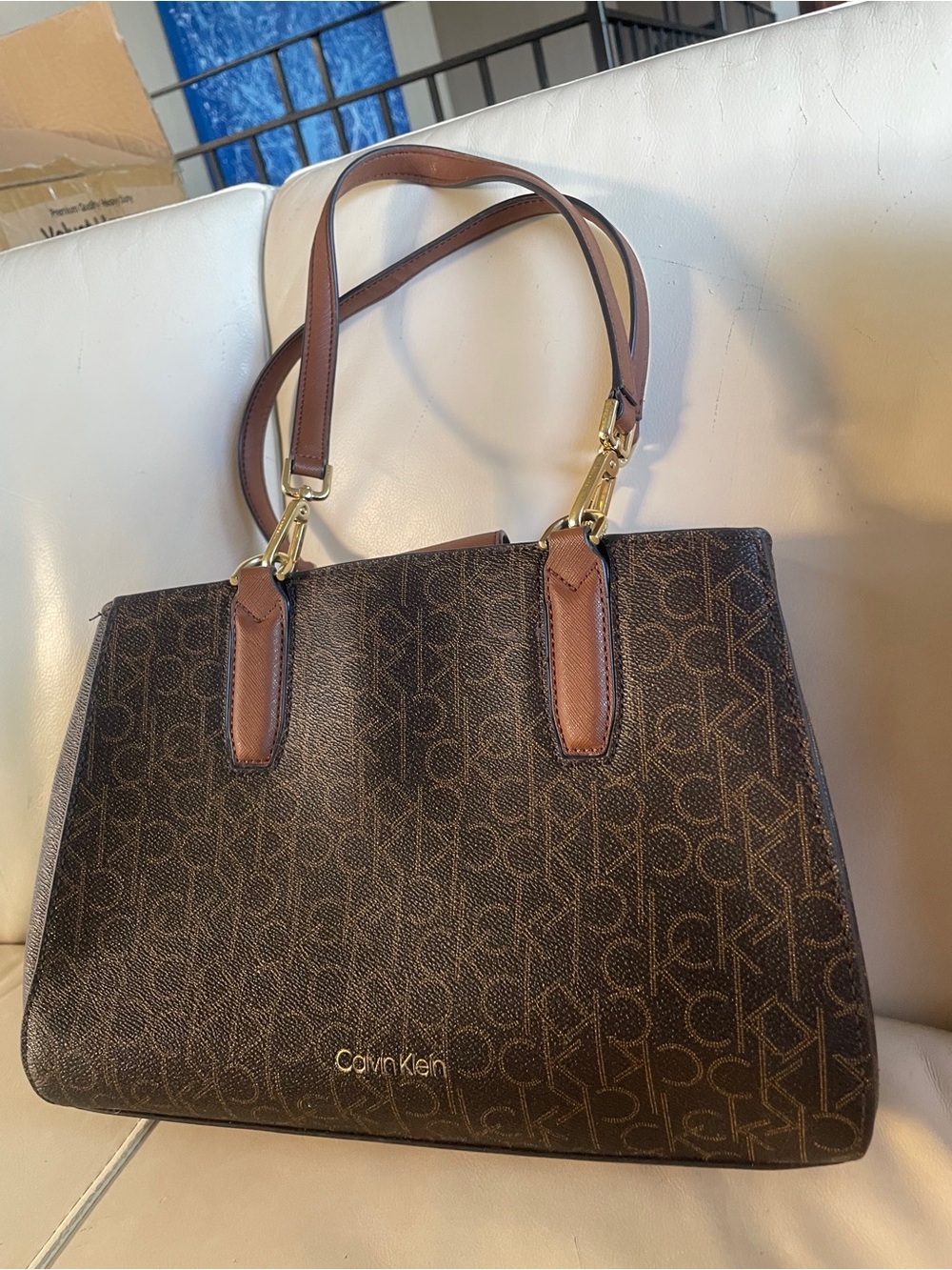 🍷🧀 Calvin Klein Brown Monogram Tote Satchel - Elegant with Tan Handles & Gold HW